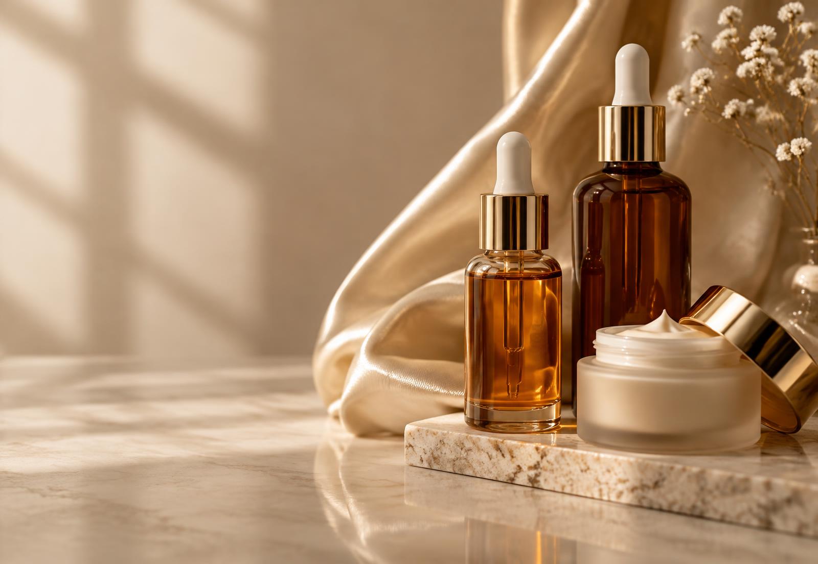 Amber serum bottles and a cream jar on marble